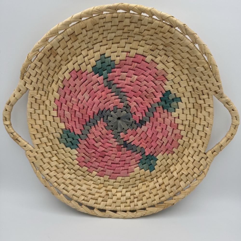 Handwoven Geometric Seagrass Straw Basket Tray w Handles Co Green Pink Flora 13"